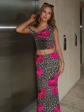 BXOXO Skew Collar 2 Piece Set Flower Leopard Print Women Sleeveless Crop Tops+Skinny Long Skirts Vacation Beach Party Suit